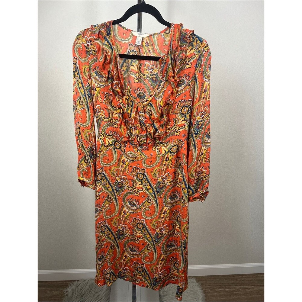 Land’s End Vintage-Inspired Silk Orange Paisley Ruffle V-Neck Knee Length Dress - Picture 2 of 6